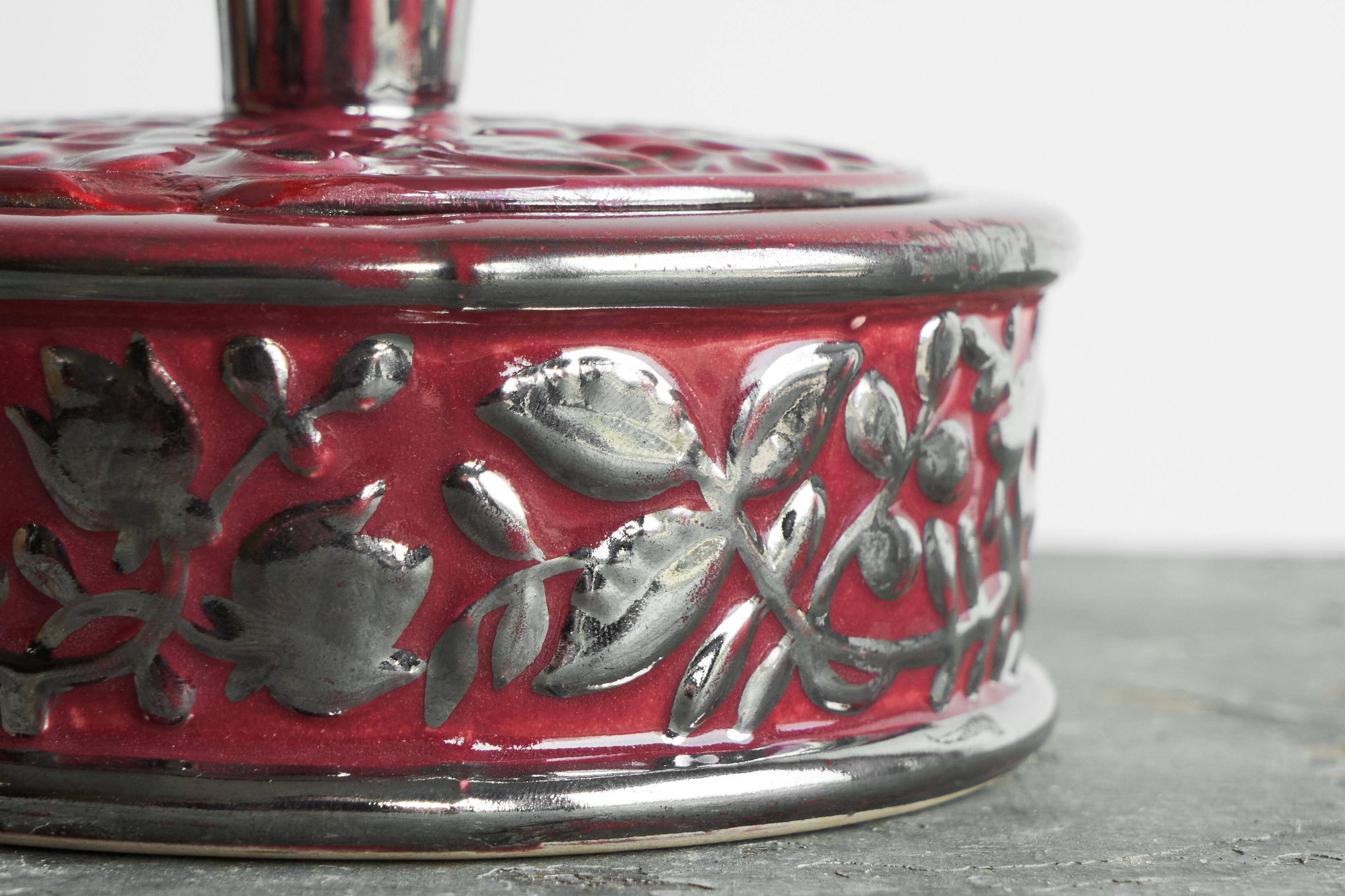 Boch Frères Keramis Rosa bowl with lid, flowers and butterflies in silver glaze.