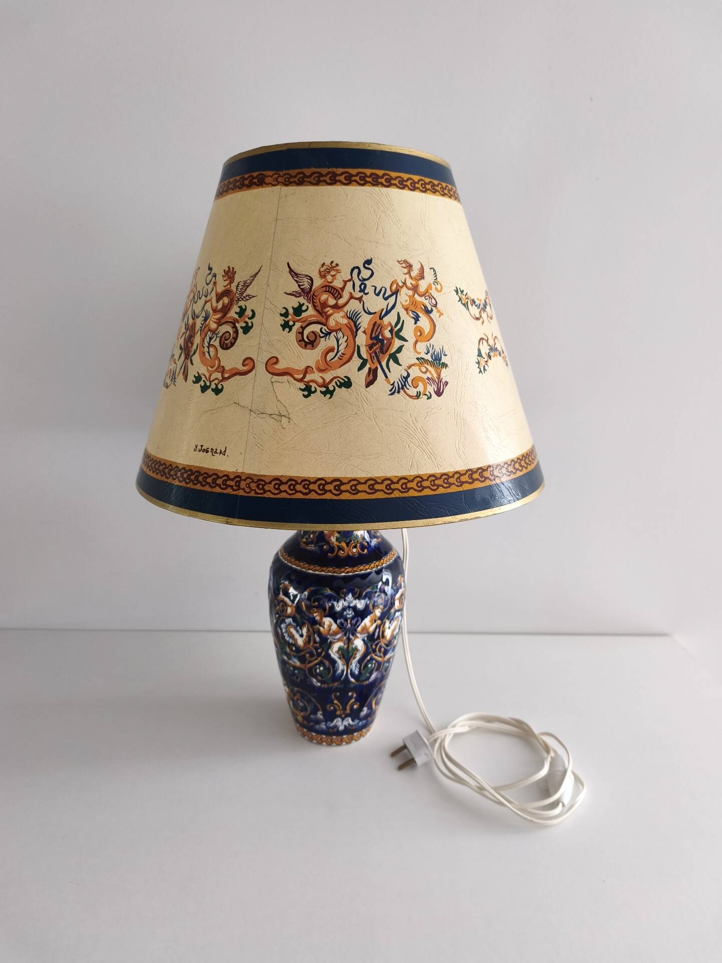 Grande lampe à poser faïence de Gien abat-jour d'origine - Renaissance