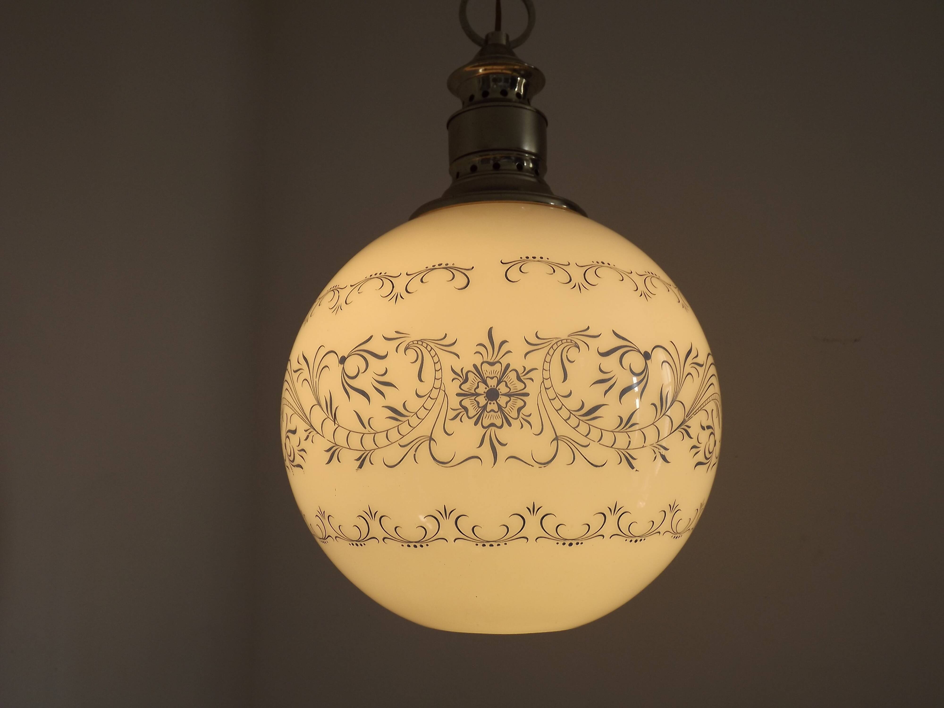 French Mid-Century Globe Pendant, Blue Pattern Shade, Vintage Hanging Light
