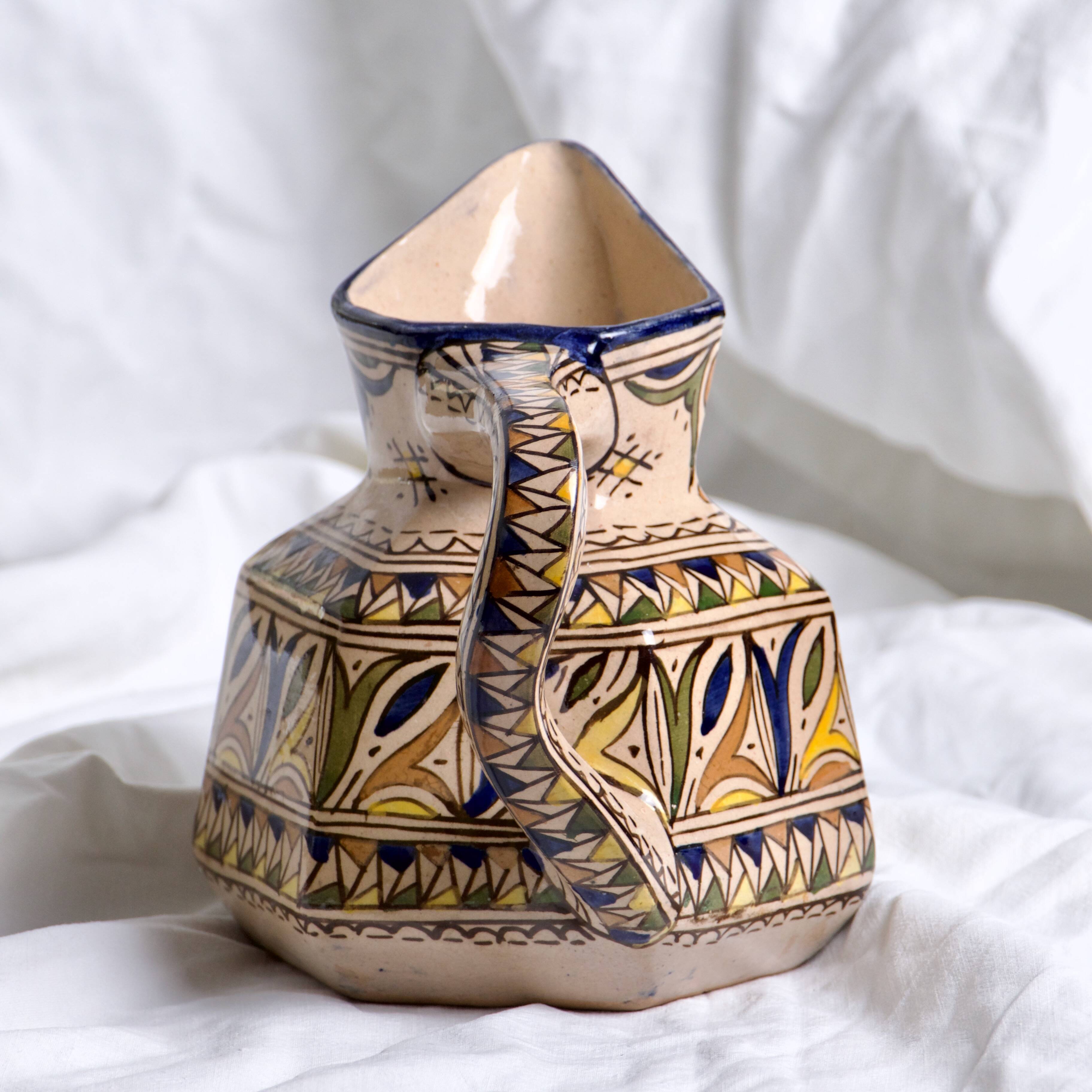 Antique hexagonal carafe in ceramic art from Fes