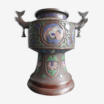 Vase en bronze émaux cloisonnés dragon et phoenix Chine 38cm XIXème