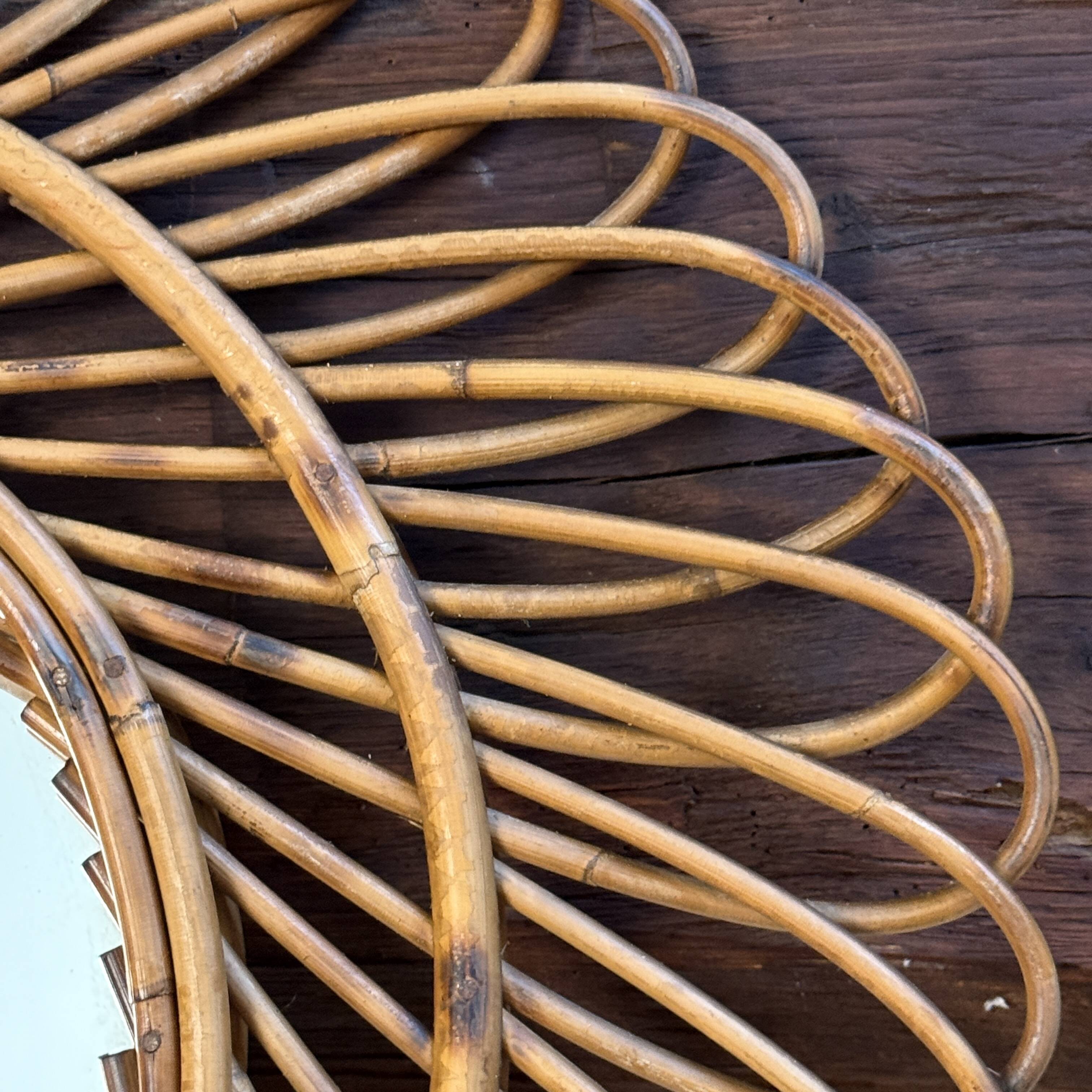 Round rattan mirror from the 1950s France