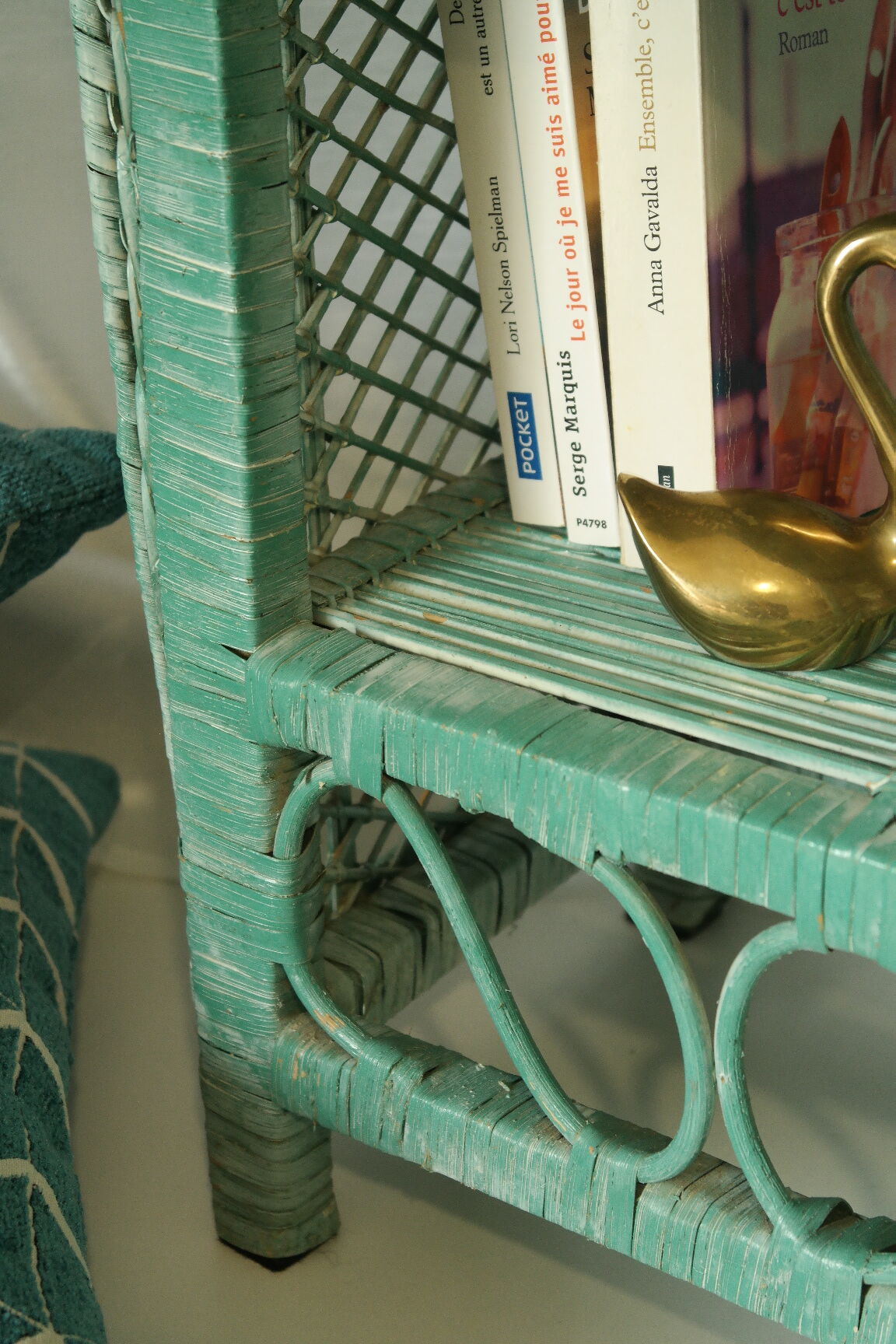 Vintage mint green wicker bookcase