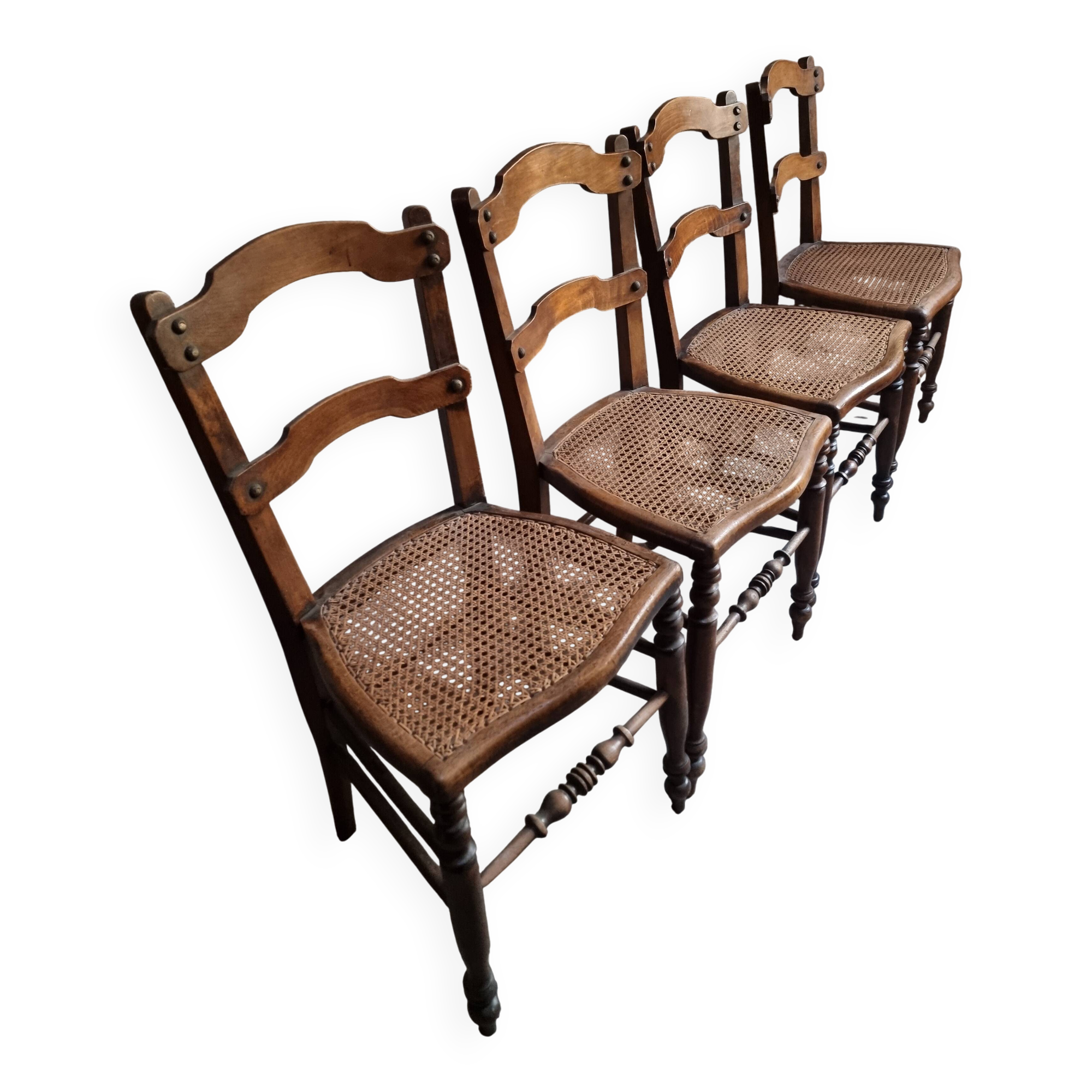 Set of 4 antique dining chairs with caned seats, beech, France, circa 1900–1920.