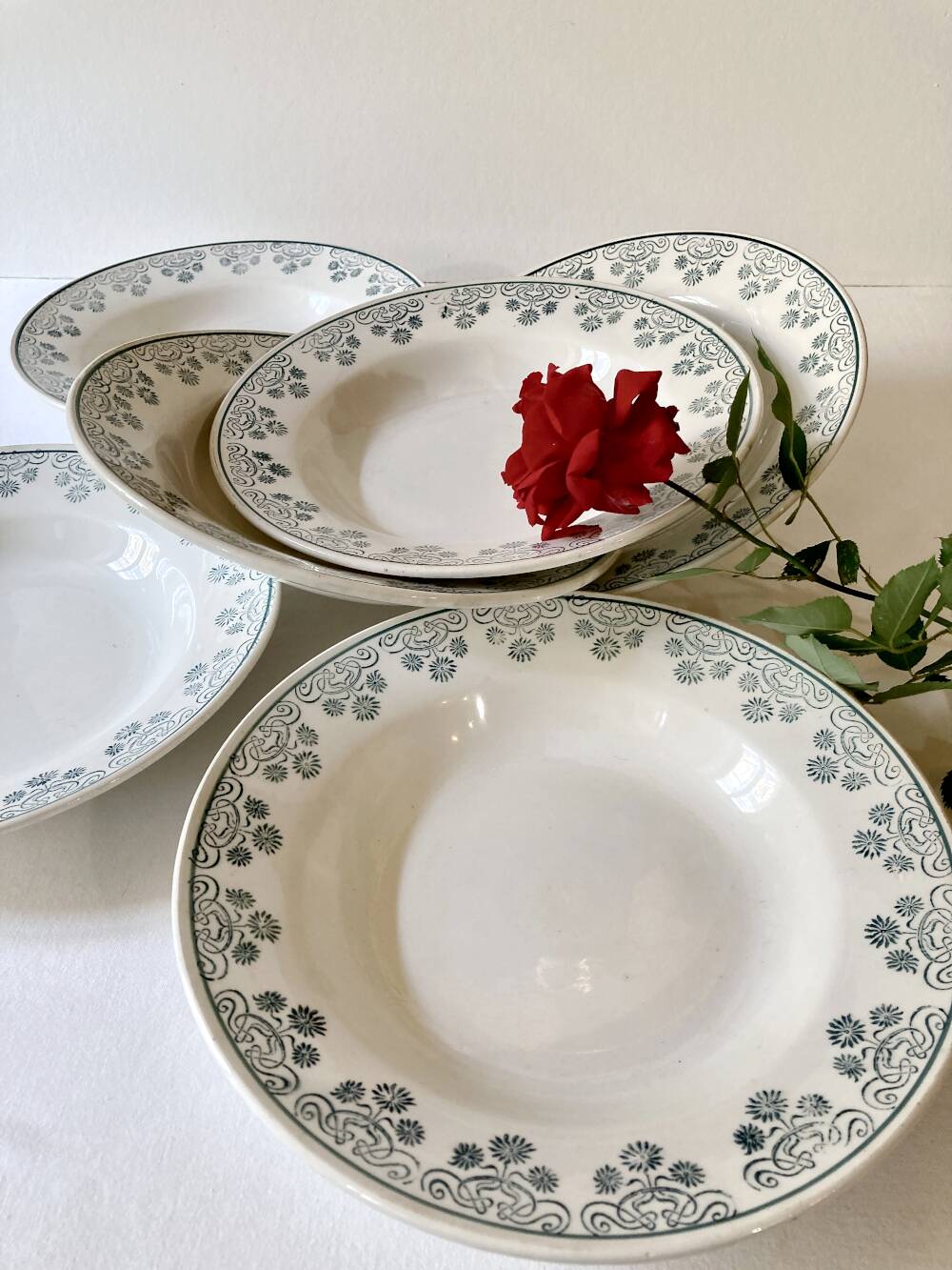6 deep plates Digoin & Sarreguemines, emerald green floral decoration