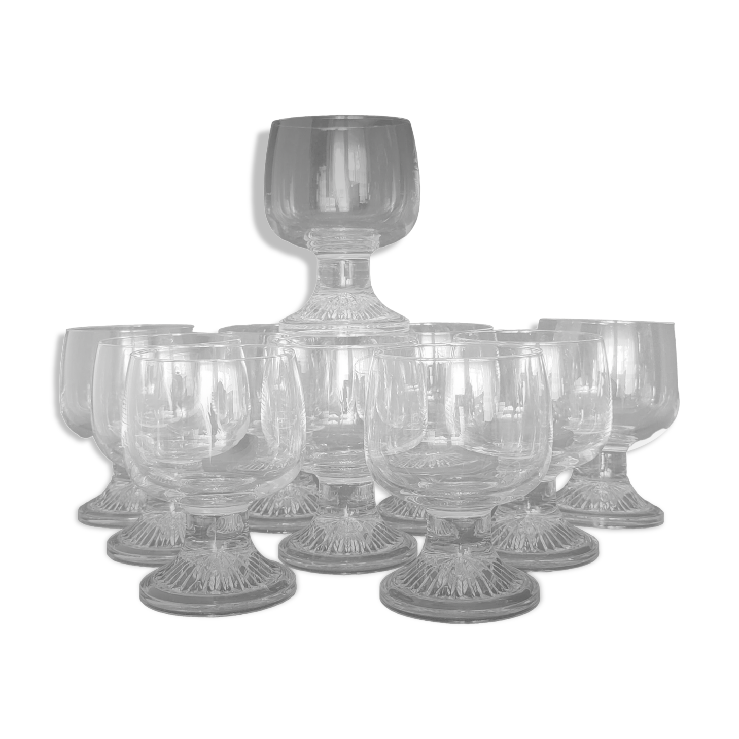 10 vintage stemmed glasses in molded glass