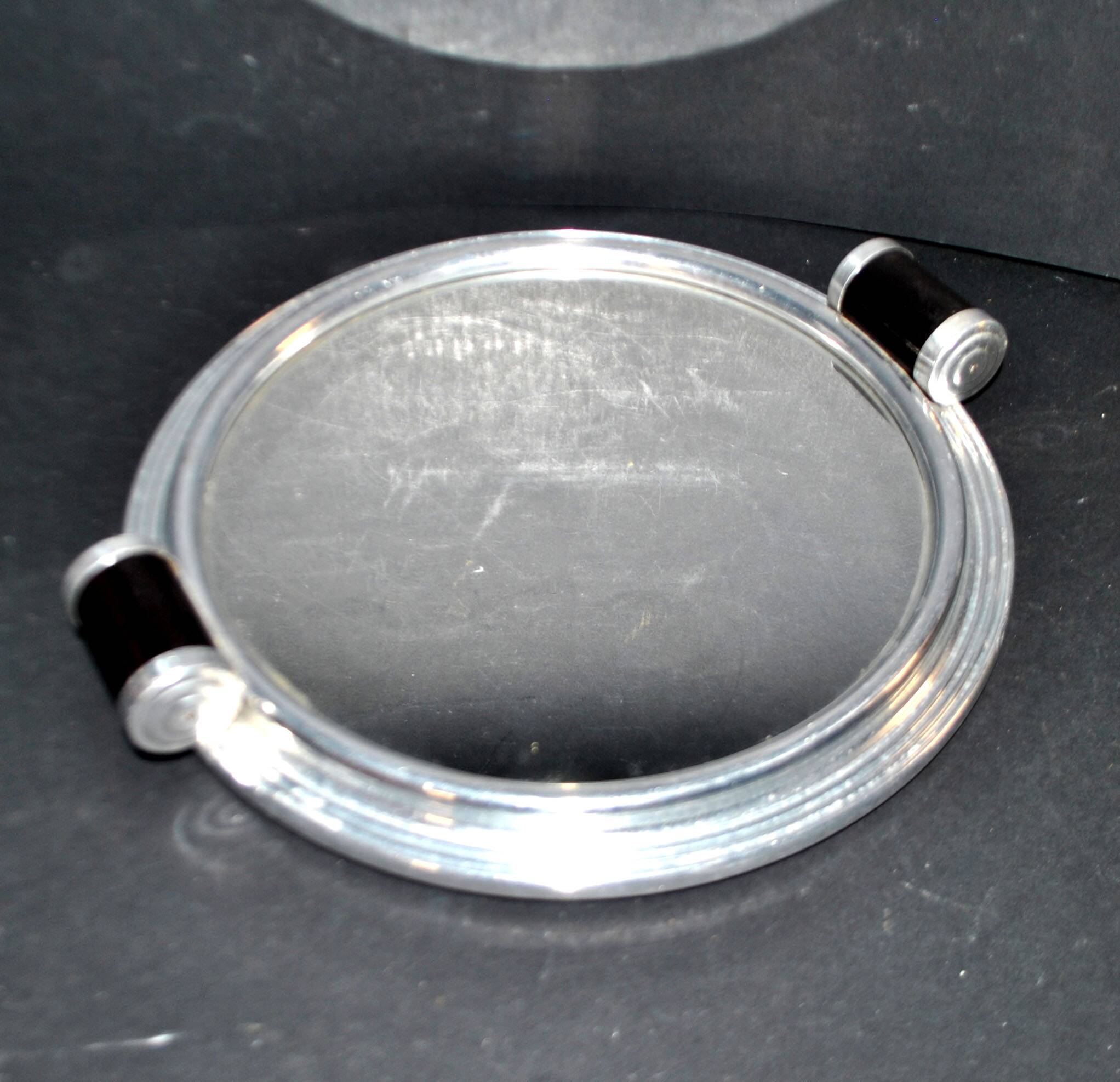 Plateau miroir art déco en métal chromé et bois 1930