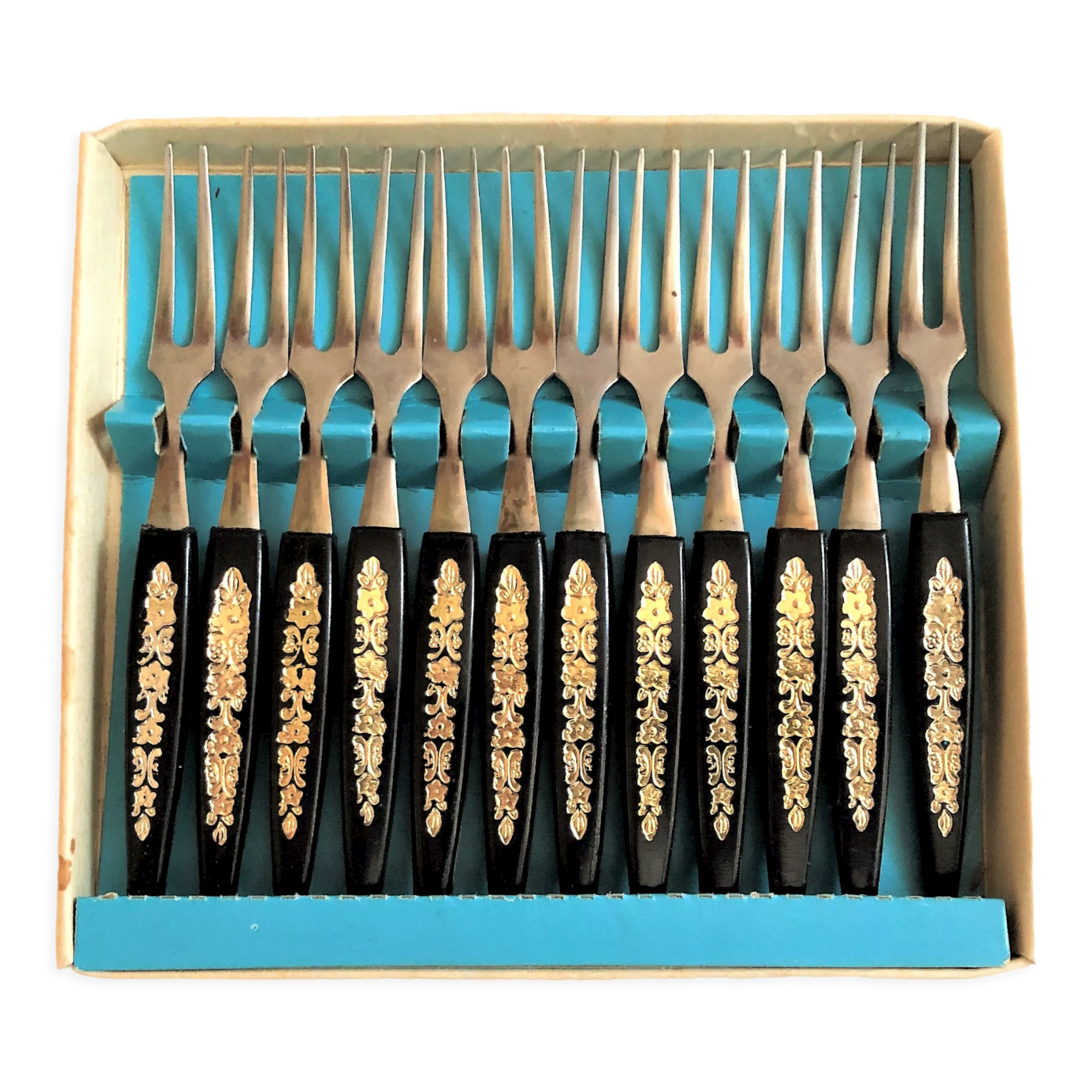 Box of 12 vintage fruit cocktail snail forks