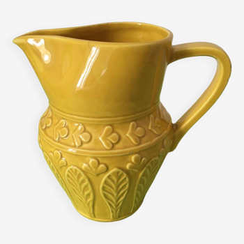 Small old yellow pitcher stamped Digoin, numbered 7315. Flower and leaf relief patterns