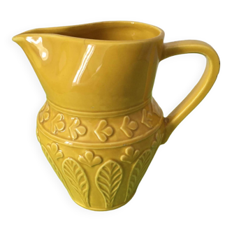 Small old yellow pitcher stamped Digoin, numbered 7315. Flower and leaf relief patterns