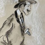 Tableau signé fusain et or iridescent portrait gentleman « Dandy »