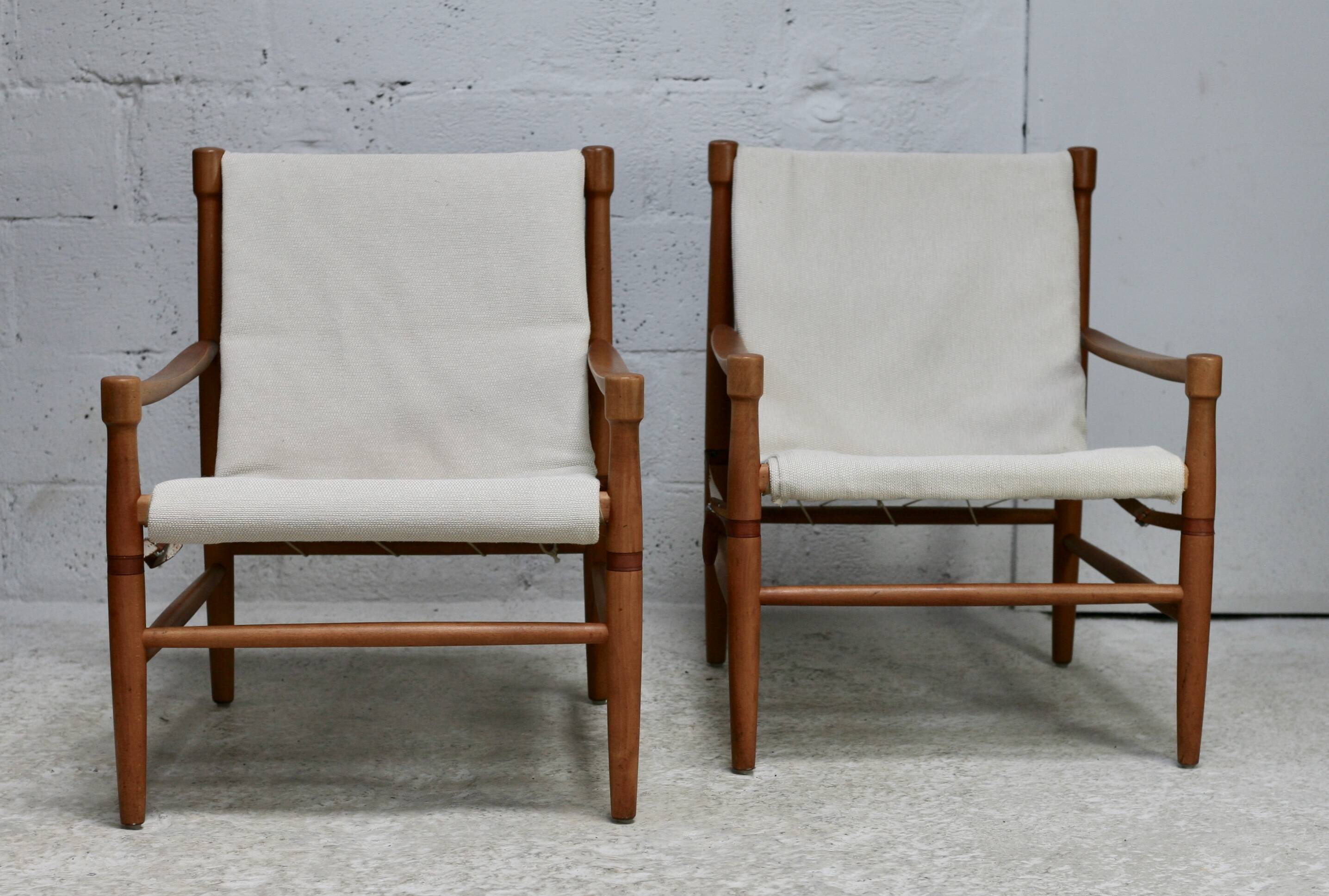 Olav Hodnebo, Suède, Circa 1960: paire de fauteuils scandinaves, toile, bois, corde et cuir.