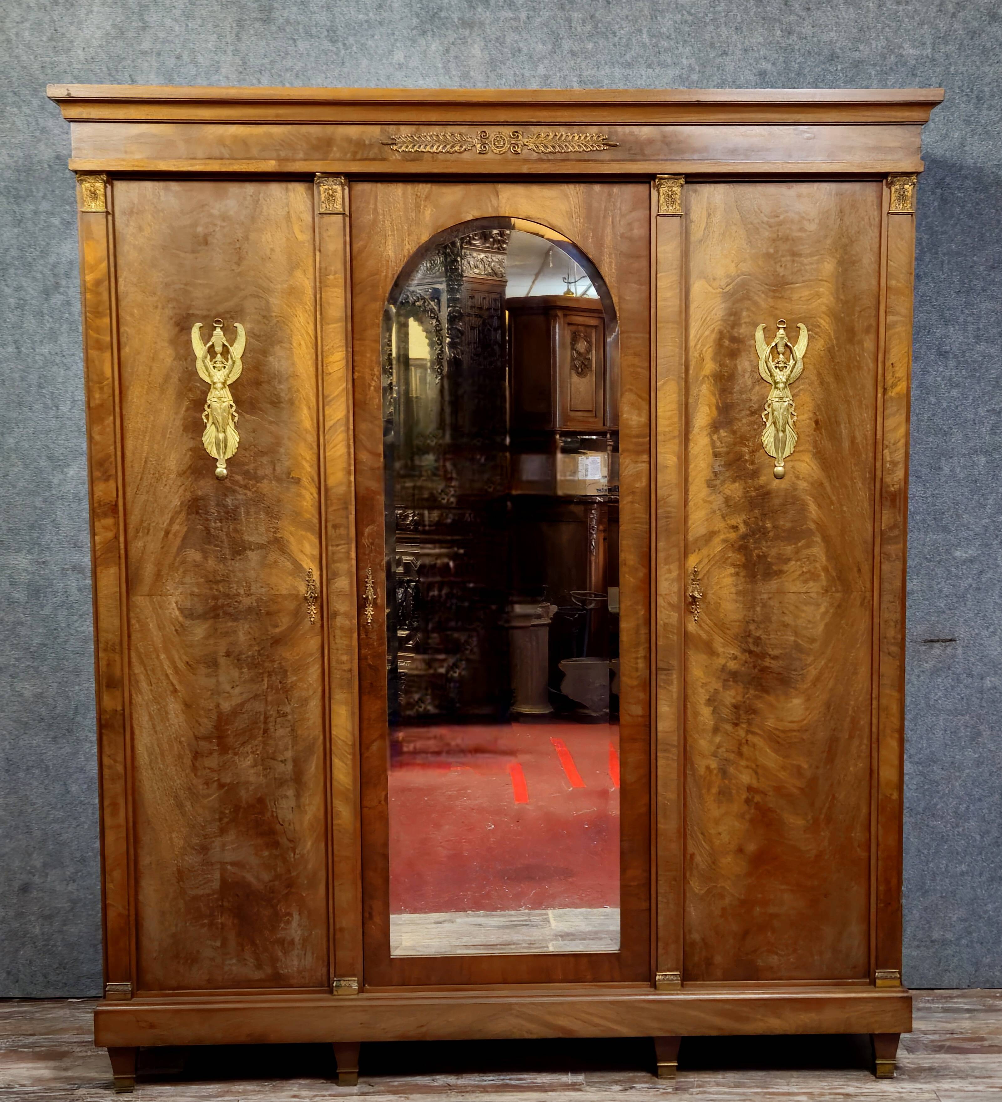 Large antique mahogany wardrobe with mirror – Empire style / 20th century