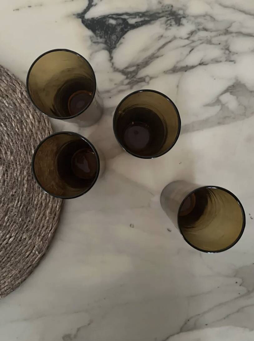 Set of 4 smoky amber brown water/orangeade glasses, France 1970.
