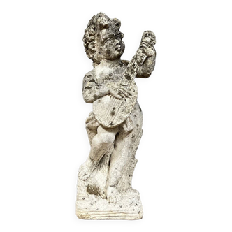 Reconstituted stone statue "putti with a mandolin" circa 1950