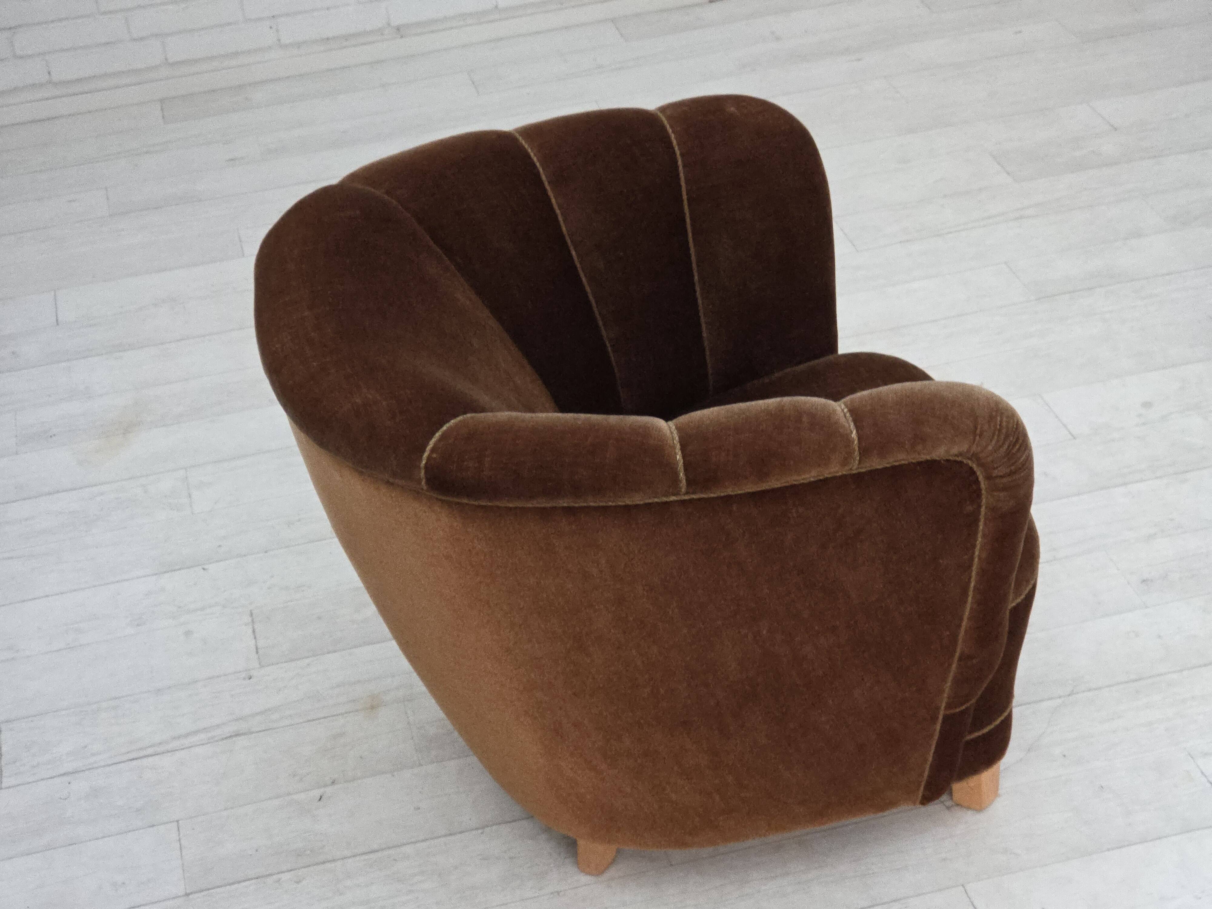 1960s, Danish curved chair, brown furniture velour.