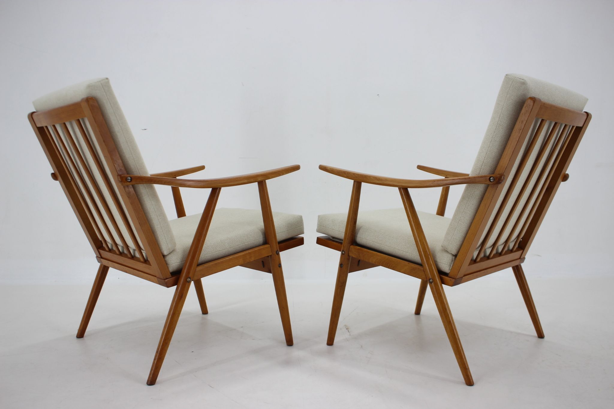 1970s pair of beech armchairs, czechoslovakia