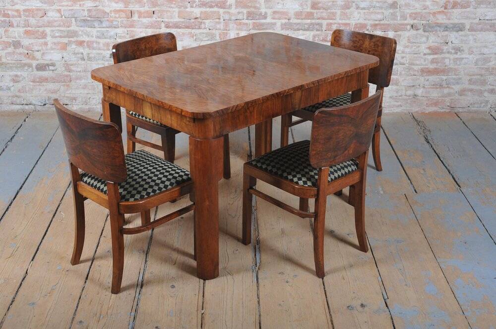Art Deco Dining Set in Beech, Spruce and Walnut Veneer, Czech, 1920s, Set of 5