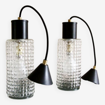 Pair of glass and metal pendant lights