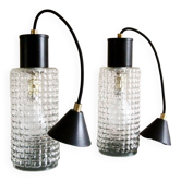 Pair of glass and metal pendant lights
