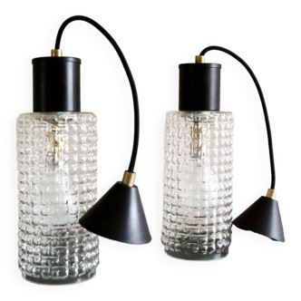 Pair of glass and metal pendant lights