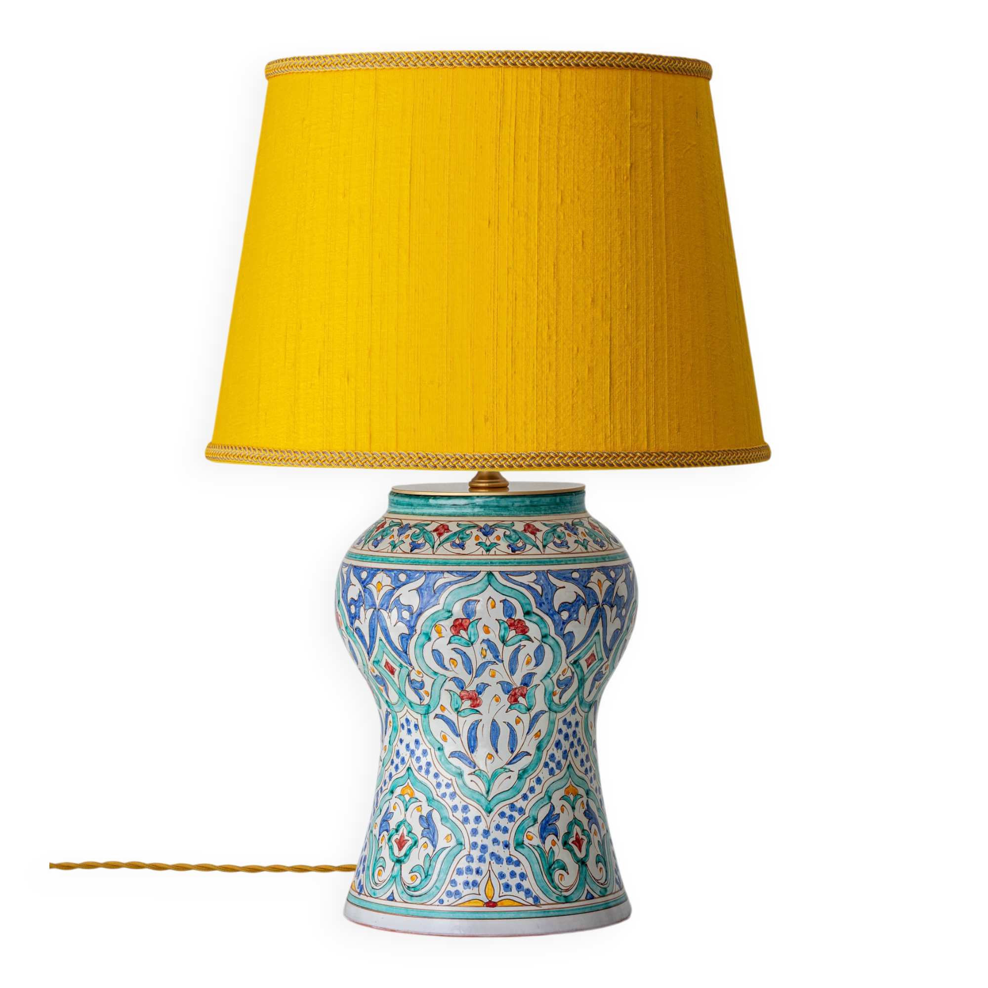 Mediterranean Table Lamp in Hand-Painted Spanish Ceramic, New Yellow Silk Shade