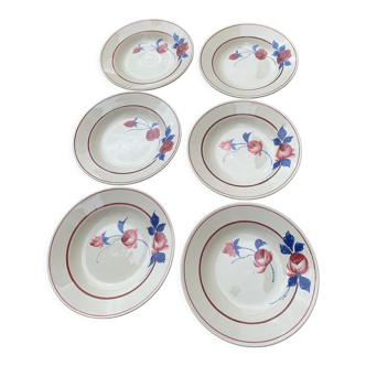 6 assiettes creuses peintes à la main ceranord st amand en faïence vintage