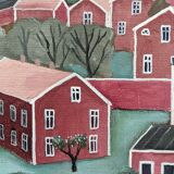 Peinture à l’huile de paysage de style naïf suédois du milieu du siècle, encadrée