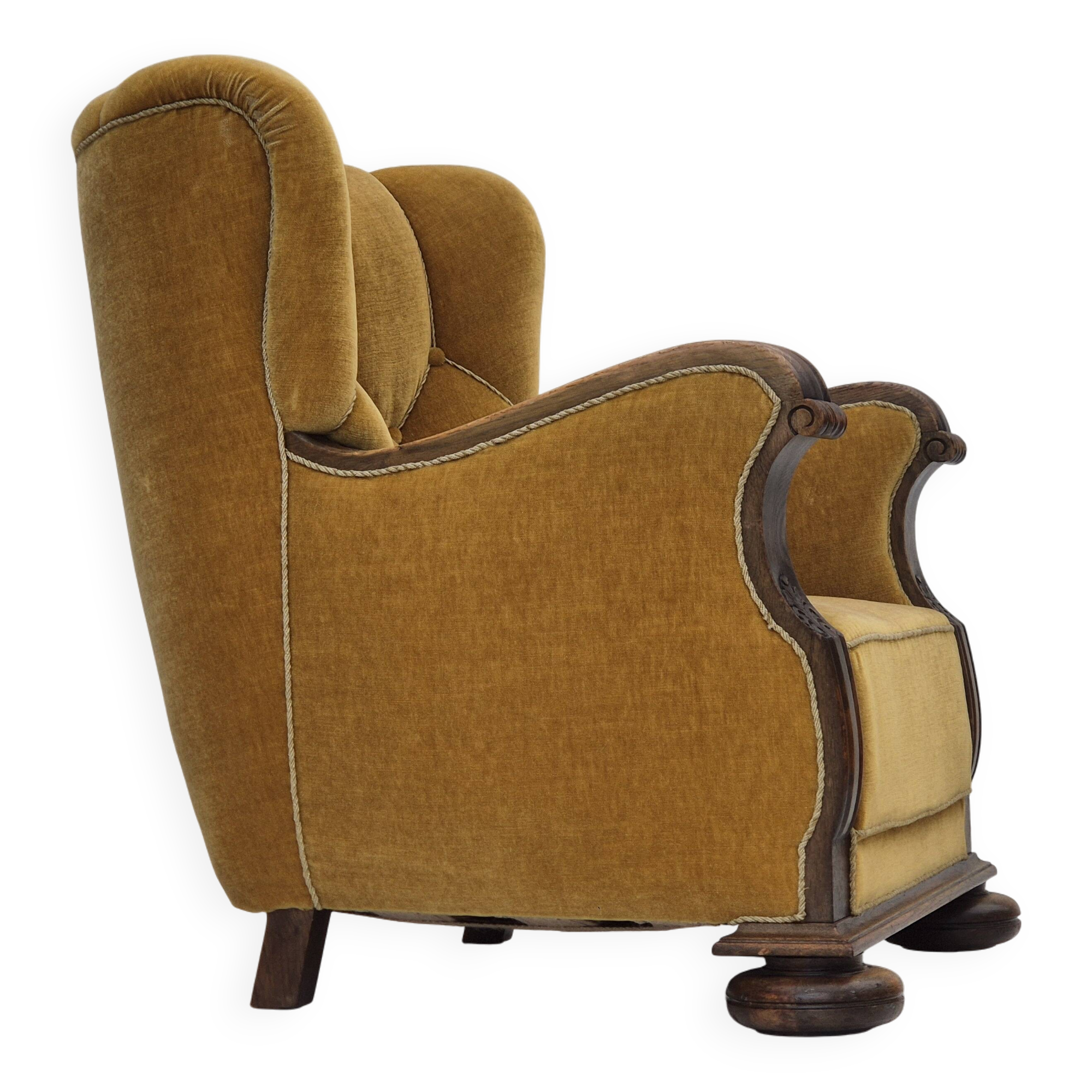 1960s, Danish relax armchair, yellow-honning furniture velour, oak wood.