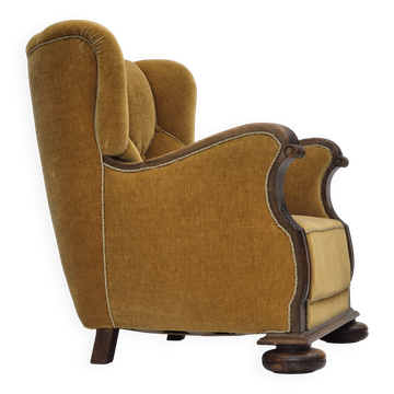 1960s, Danish relax armchair, yellow-honning furniture velour, oak wood.