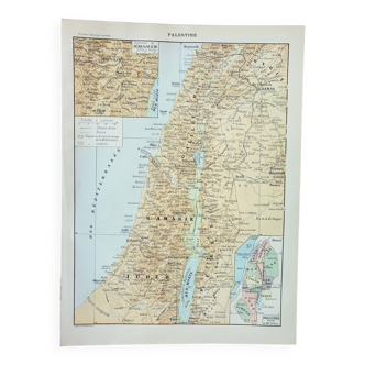 Gravure ancienne 1898, Palestine, carte, chrétien, religion • Lithographie, Planche originale, terre