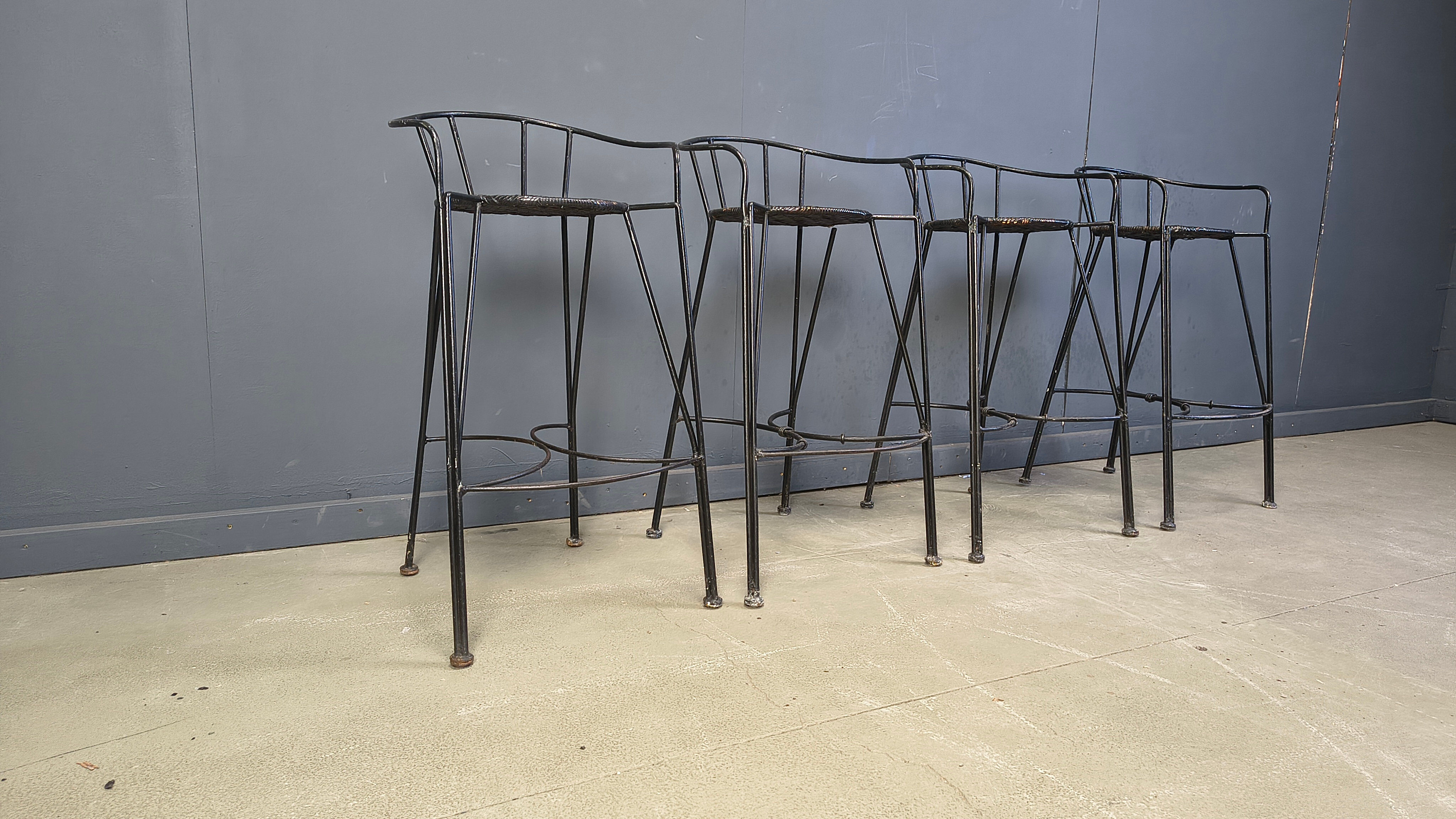 Tabourets de bar vintage en fer forgé et rotin, ensemble de 4 - années 1970