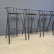 Tabourets de bar vintage en fer forgé et rotin, ensemble de 4 - années 1970