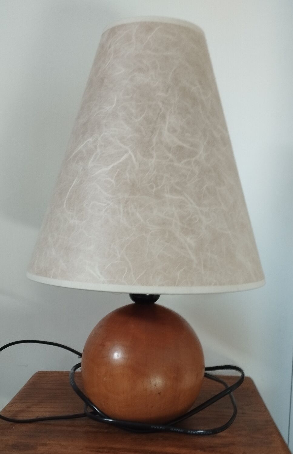 Table lamp foot ball light wood, lampshade ecru paper, 1970's