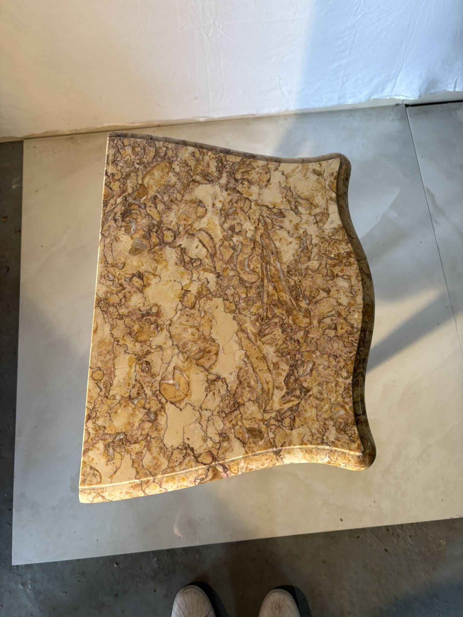 Small curved Louis XV style piece of furniture – marquetry and marble top