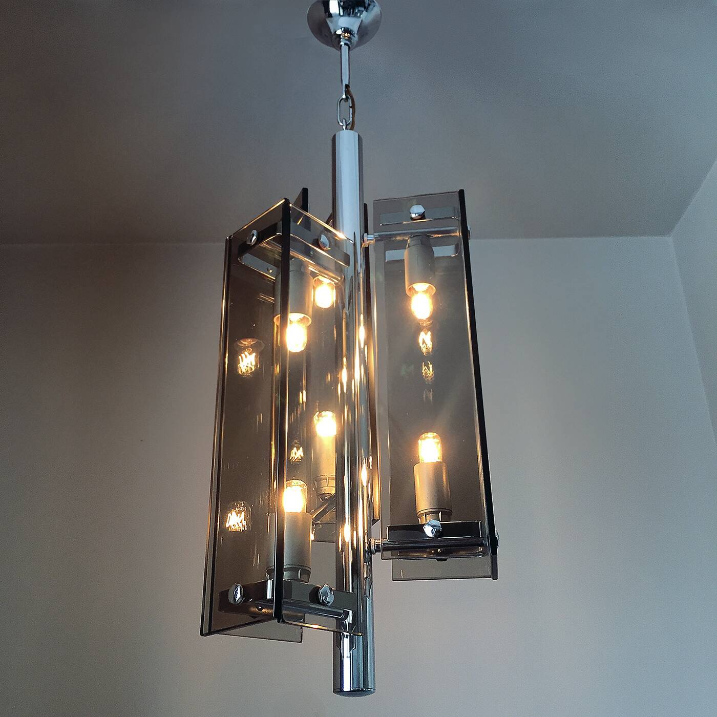 Vintage chrome and smoked glass pendant light 1970