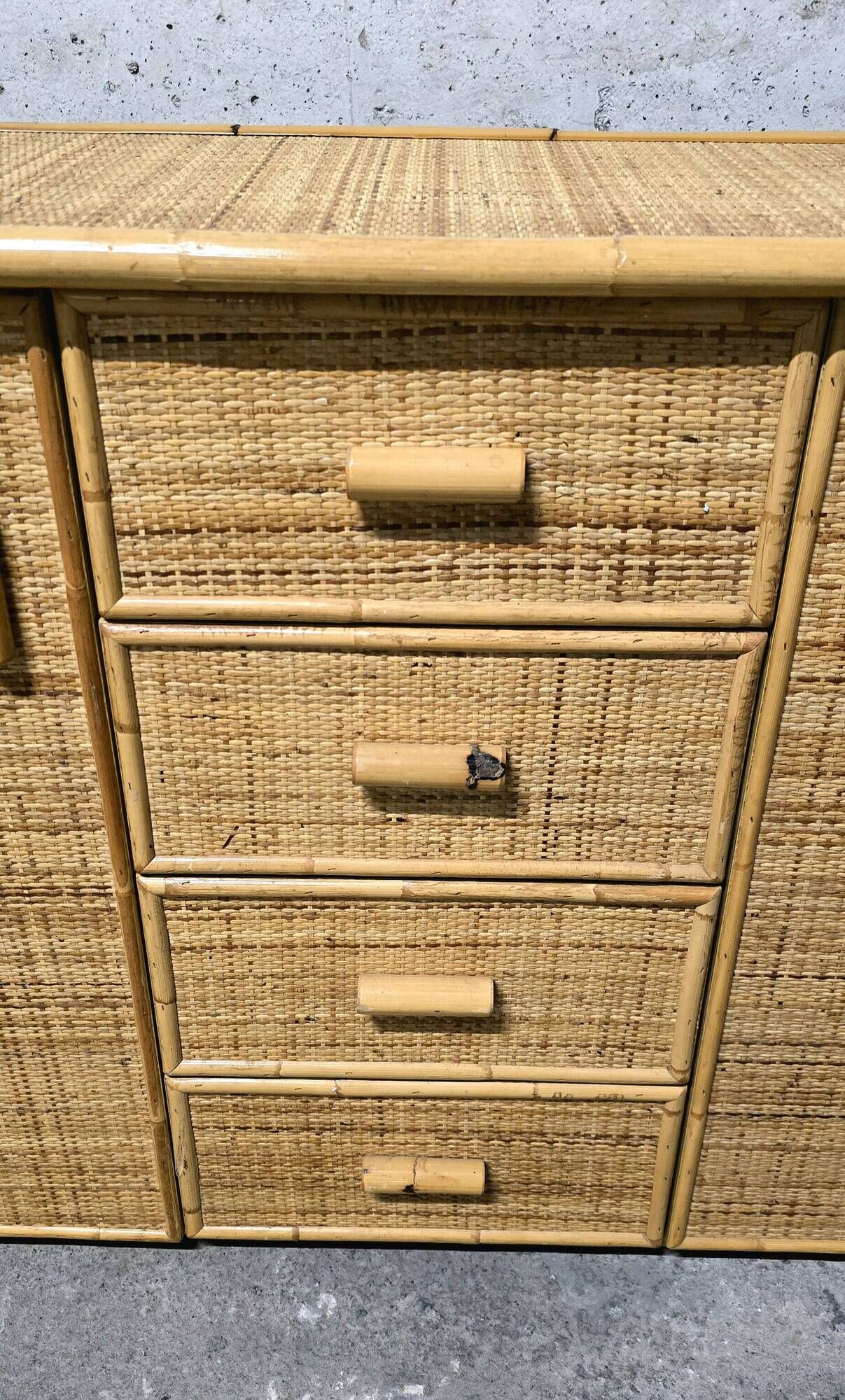 Vintage woven rattan and natural bamboo sideboard - Italy 1970s