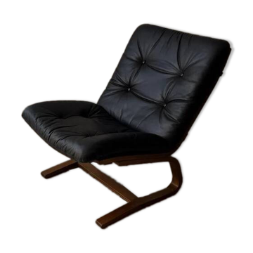 Fauteuil en contreplaqué des années 50 en cuir noir, années 1970
