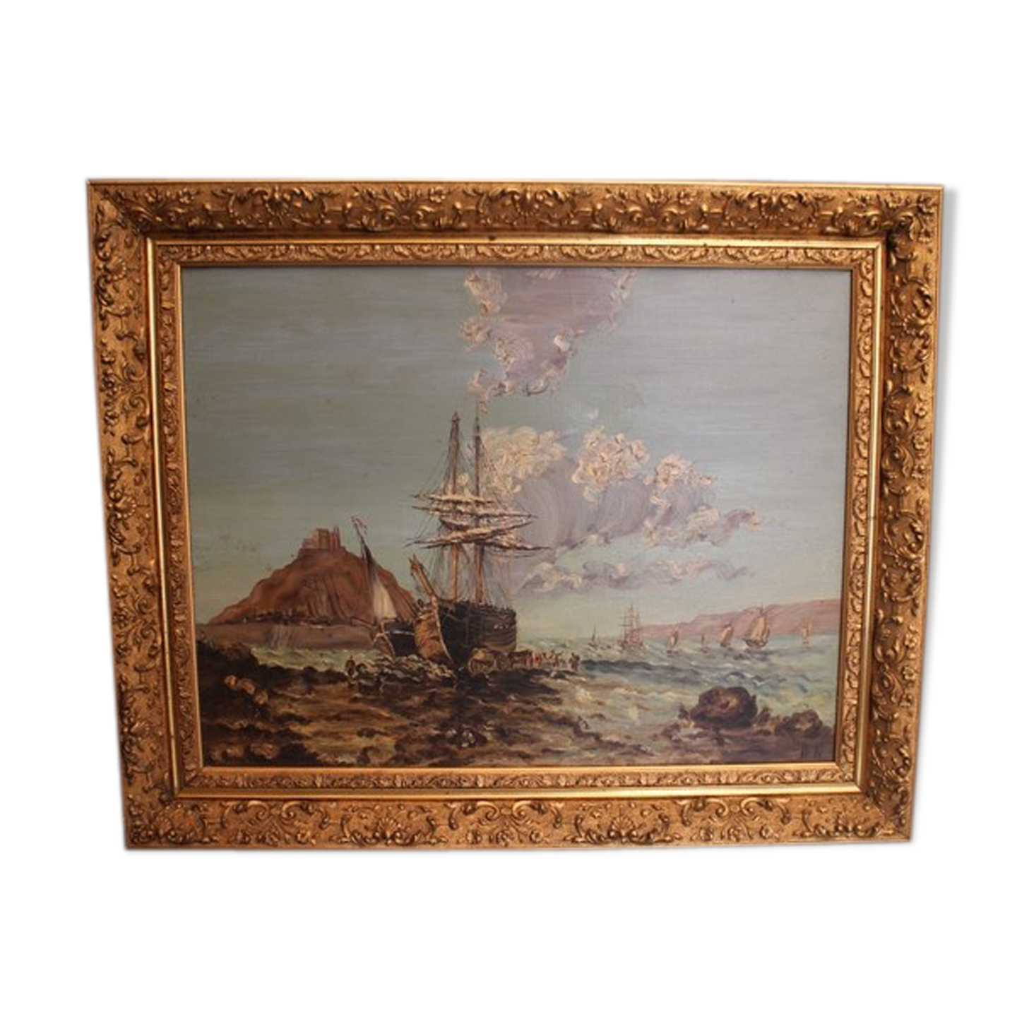 Large oil painting on canvas marine late 19th "the berthing of the sailboat"