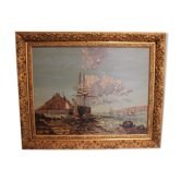 Large oil painting on canvas marine late 19th "the berthing of the sailboat"