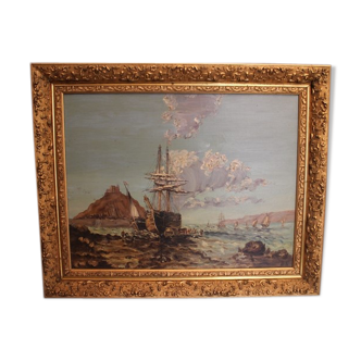 Large oil painting on canvas marine late 19th "the berthing of the sailboat"