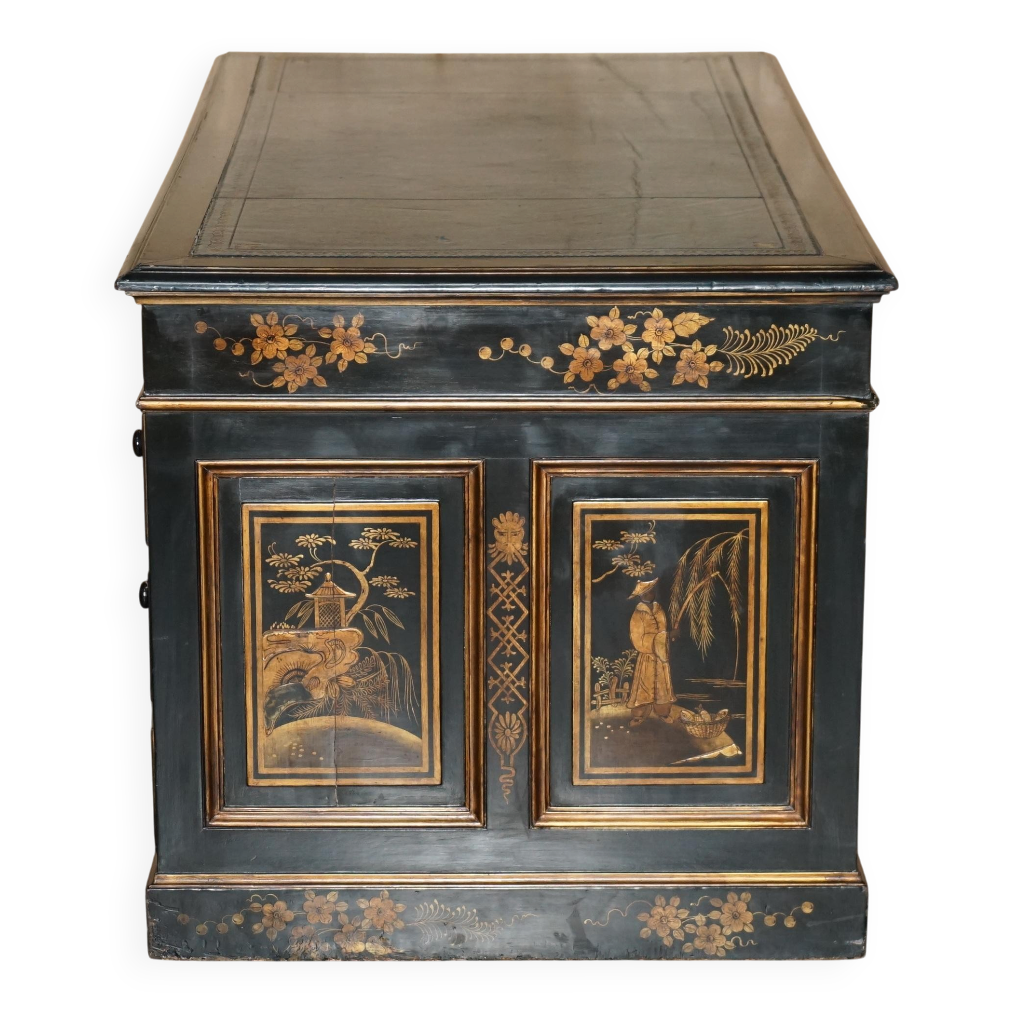 Chinese Bureau Chinoiserie 19th Century Napoleonic Leather