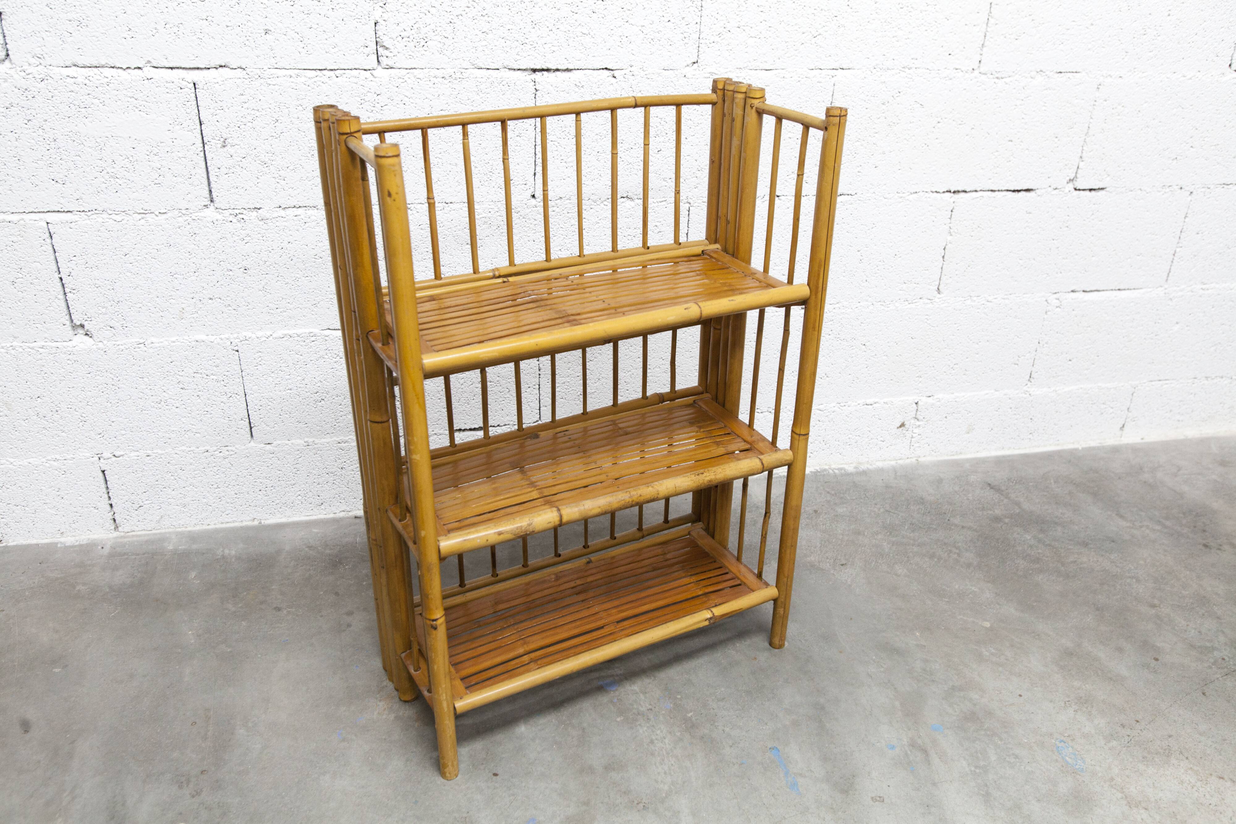 1970s honey-colored folding bamboo shelf