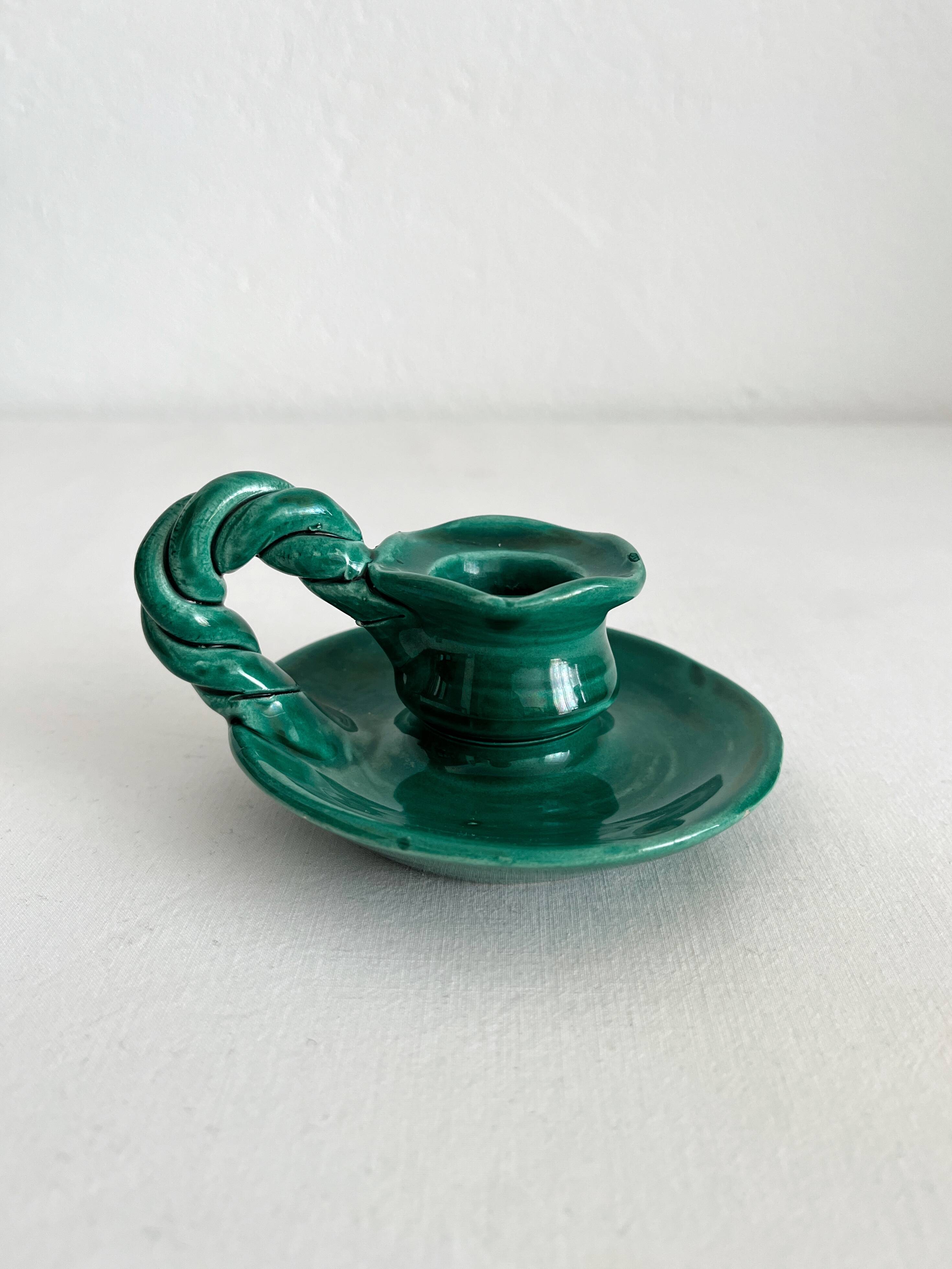 Vintage green ceramic candle holder with twisted handle
