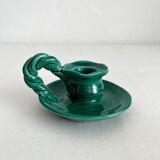 Vintage green ceramic candle holder with twisted handle
