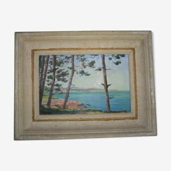 Old framed oil-painted painting depicting a seaside
