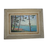 Old framed oil-painted painting depicting a seaside