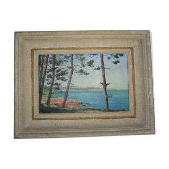 Old framed oil-painted painting depicting a seaside