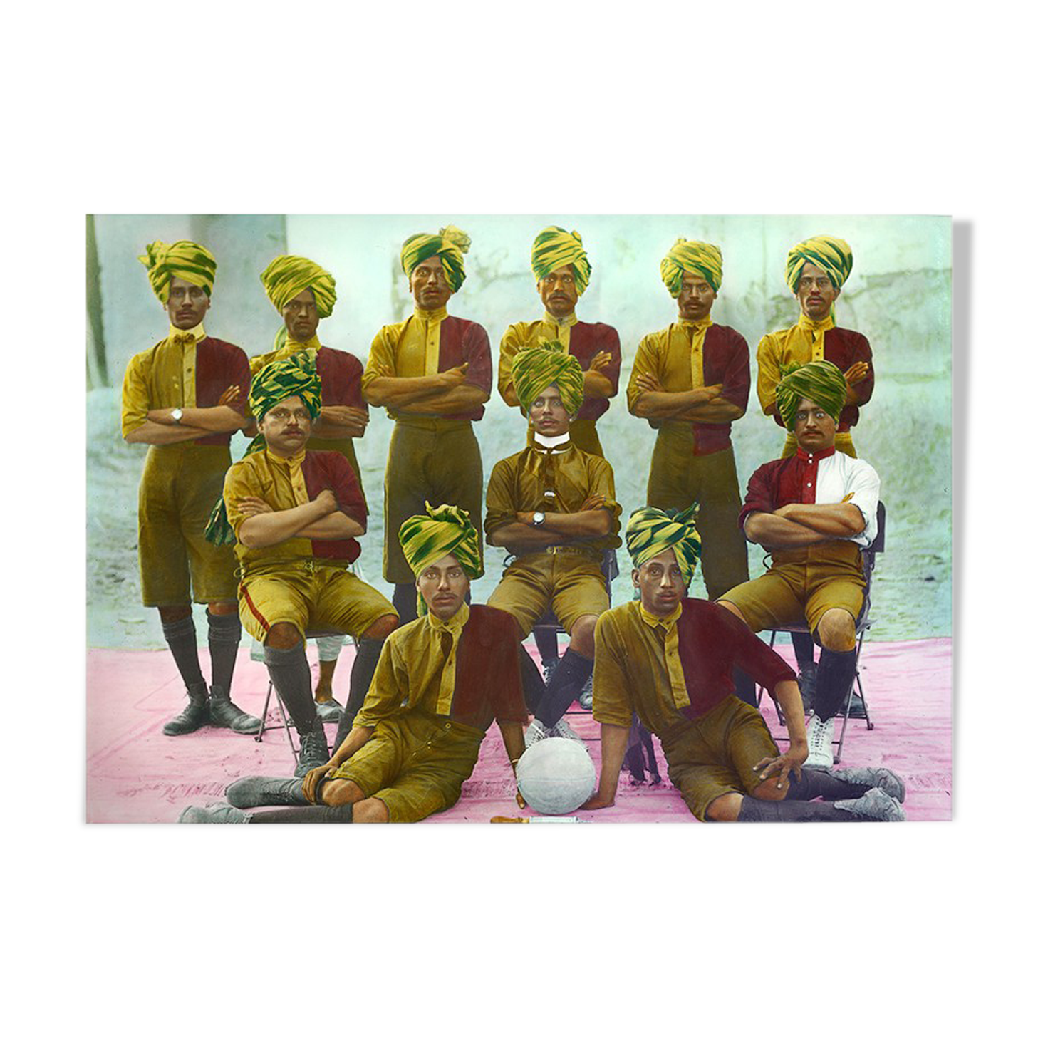 Photo of a football team, Rajasthan around 1920, old colorful photograph