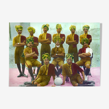 Photo of a football team, Rajasthan around 1920, old colorful photograph